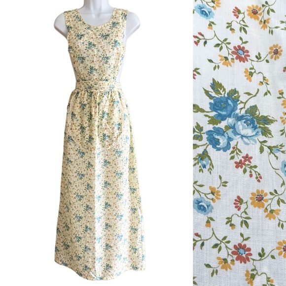 Vintage Other - Vintage 70s Yellow Ditsy Floral Wrap Pinafore Apron Maxi Dress Design House